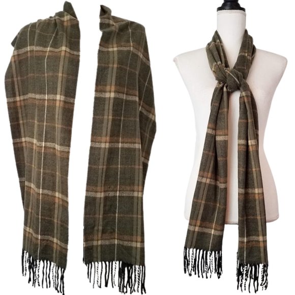 CASHMERE FEEL ITALY DESIGN Olive Plaid Viscose Scarf  Fringe Edge - Picture 2 of 8